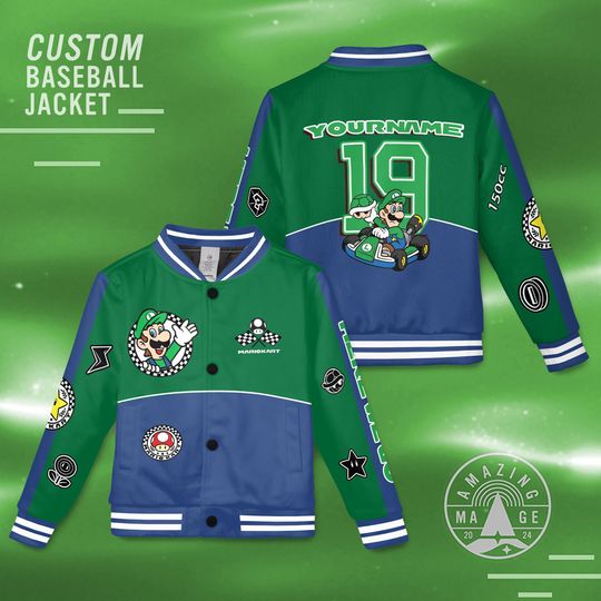 Custom Mario Kart Luigi Baseball Jacket, Super Mario Jacket, Mario Birthday Boy Shirt