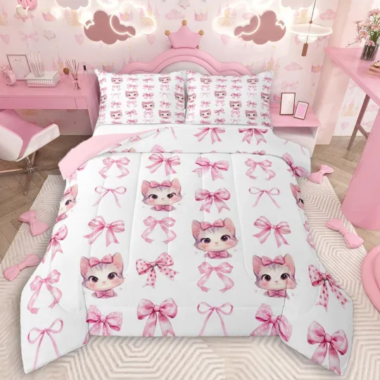 Discover Pink Bow Kids Bedding Set, Full Size, Boys and Girls, Coquette Bow Knot Comfort