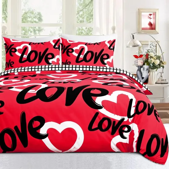 Discover ASPMIZ Valentine's Duvet Cover Set Queen Size 3 Pieces Love Hearts Bedding Set