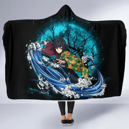 Discover Giyu Tomioka Moonlight Hooded Blanket - Cozy Anime Throw