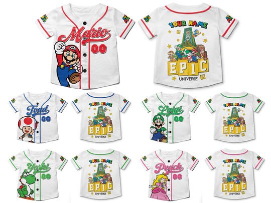 Personalized Mario Epic Universe Baseball Jerseys, Mario Luigi Princess Peach Yoshi Toad Family Shirts, Custom Universal Studios Shirt