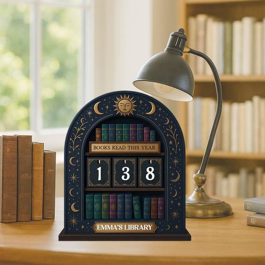 Discover Personalized Books Read This Year Tracker, Custom Name Number Flip Library Plaque Gift for Reader Decor Set, Vintage Lantern Bookshelf Arch