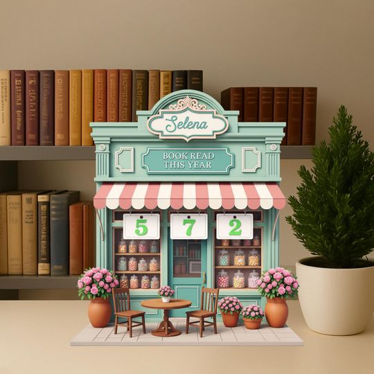 Discover Candy Shop Bookstore Counter, Books Read This Year Tracker, Pastel Storefront with Hydrangeas, Personalized Name, Reading Display Gift 2025