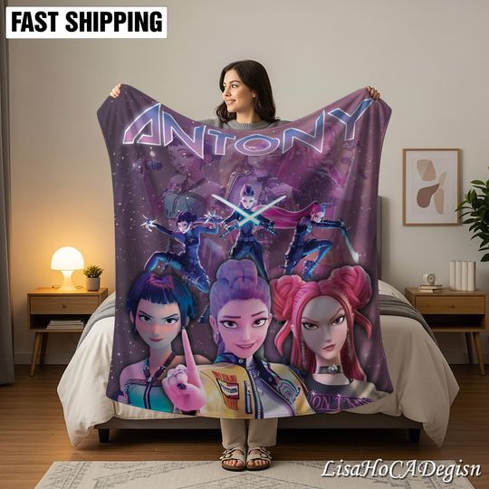 Discover Personalized Huntrix Kpop Demon Hunters Blanket with Name, Custom Huntrix Blanket, Anime Inspired Blanket, Christmas Family Gift, Kpop Gift