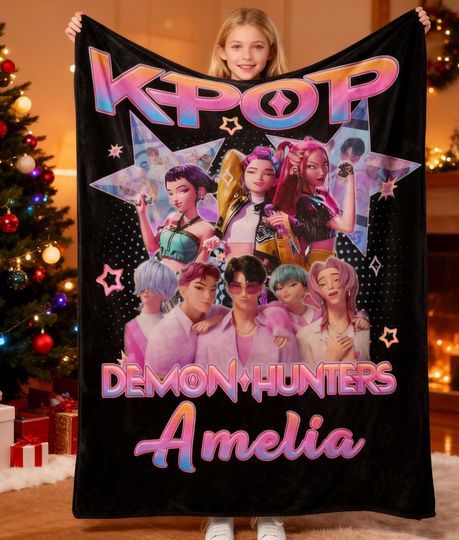 Discover Personalized Blanket With Huntrix Theme,Custom K-Pop Demon,Huntrix Blanket Gift, Pink Color Kids Blanket For Girls,Christmas Family Gift,