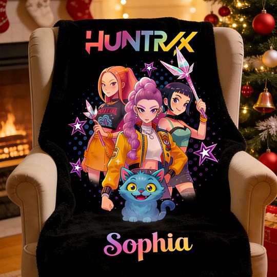 Discover Personalized Blanket With Huntrix Theme,Custom K-Pop Demon,Huntrix Blanket Gift, Pink Color Kids Blanket For Girls,Christmas Family Gift,