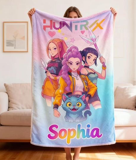 Discover Personalized Blanket With Huntrix Theme,Custom K-Pop Demon,Huntrix Blanket Gift, Pink Color Kids Blanket For Girls,Christmas Family Gift,
