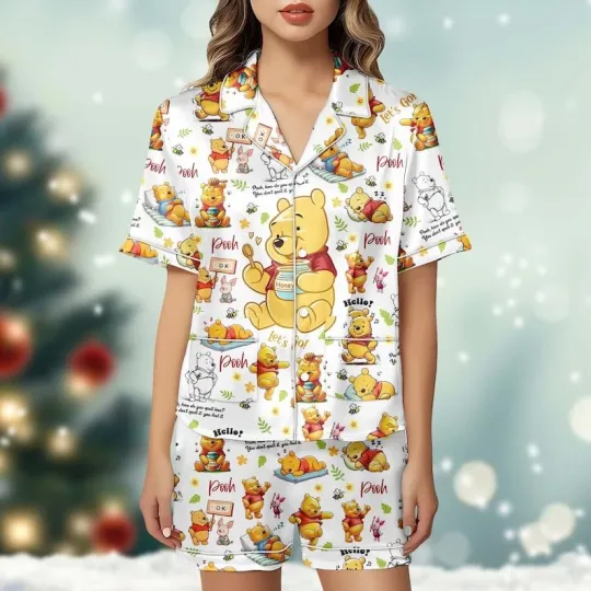 Discover Pooh Bear & Piglet Let's Go Winnie The Pooh Cartoon Satin Pajamas Short Set