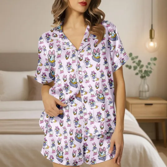 Discover Cute Daisy Duck Mickey & Friends Cartoon Duck Satin Short-Sleeve Pajamas Set