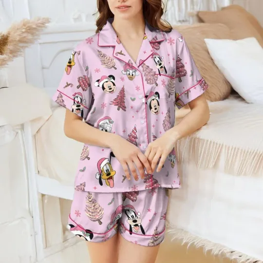Discover Cute Mickey & Friends Santa Hat Pine Tree Pink Christmas Satin Pajamas Short Set