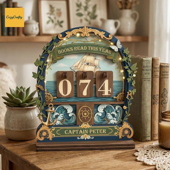 Discover PERSONALIZABLE Wooden Books Read Tracker CUSTOMIZABLE Nautical Reading Counter Decor Custom Name Library Sign, Book Lover Gift, Home Library