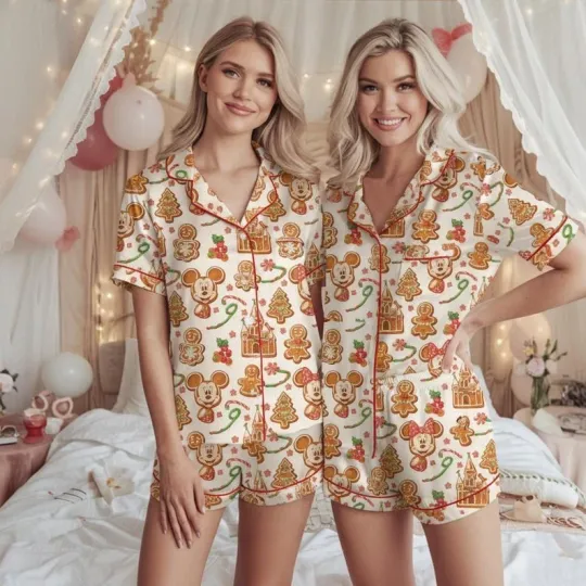 Discover Mickey & Friends Gingerbread Bakery Christmas Party Satin Pajamas Short Set