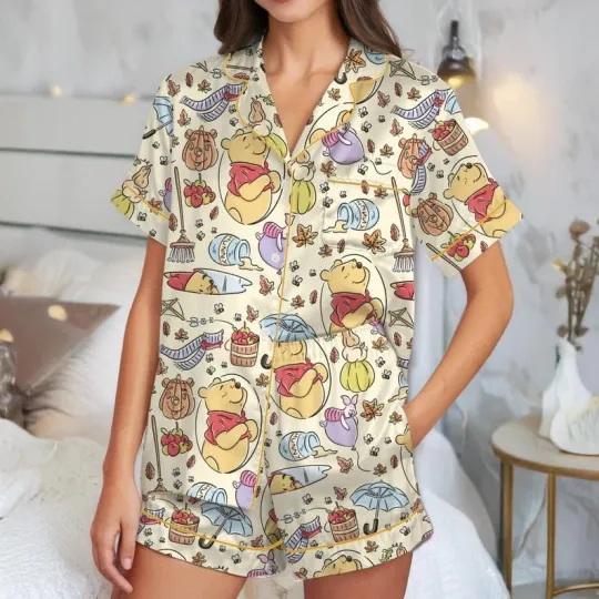 Discover Honey Pooh Bear & Friends Winnie The Pooh Fall Vibes Satin Pajamas Short Set