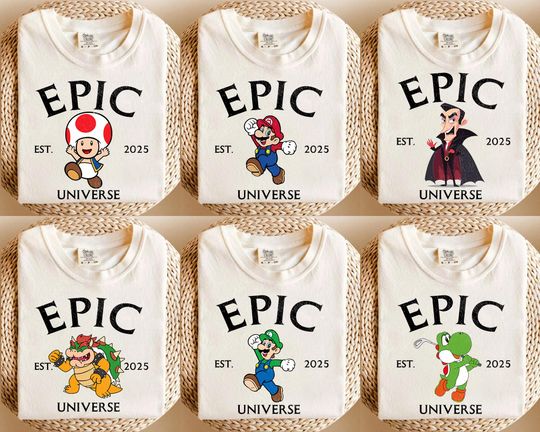 Discover Vintage Super Mario Epic Universe Custom Shirt, Epic All Character Universe Family Shirt, Epic Group Matching, Epic Family Vacation 2025 Tee