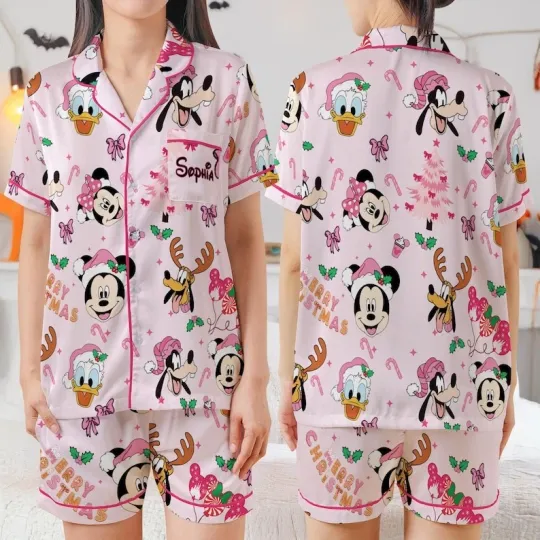 Discover Personalized Cute Mickey & Friends Christmas Pink Theme Pajamas Short Set