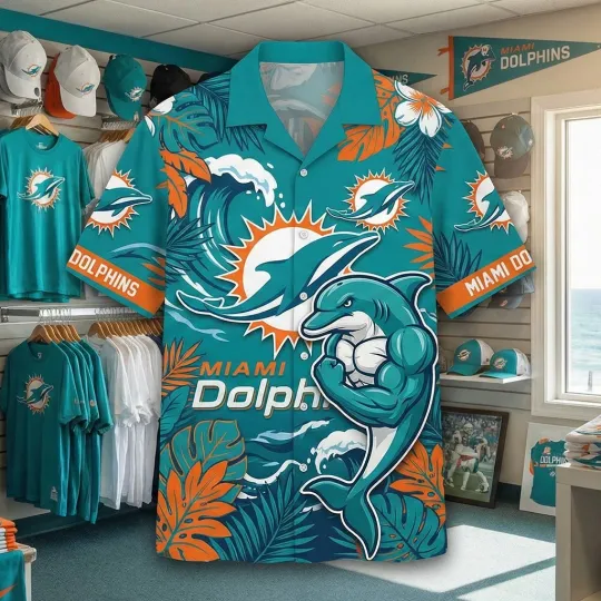 Discover Dolphins Team Miami Hawaiian Button Shirt Men’s