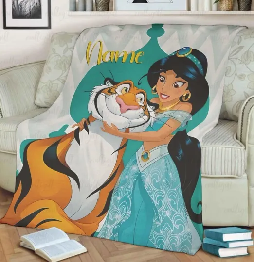 Personalized Princess Jasmine And Rajah Aladdin Characters Fan Gift Blanket