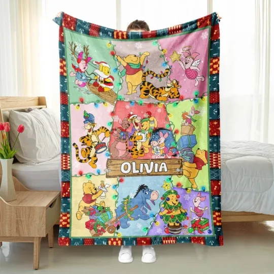 Discover Personalized Happy Pooh Bear And Friends Merry And Bright Christmas Blanket
