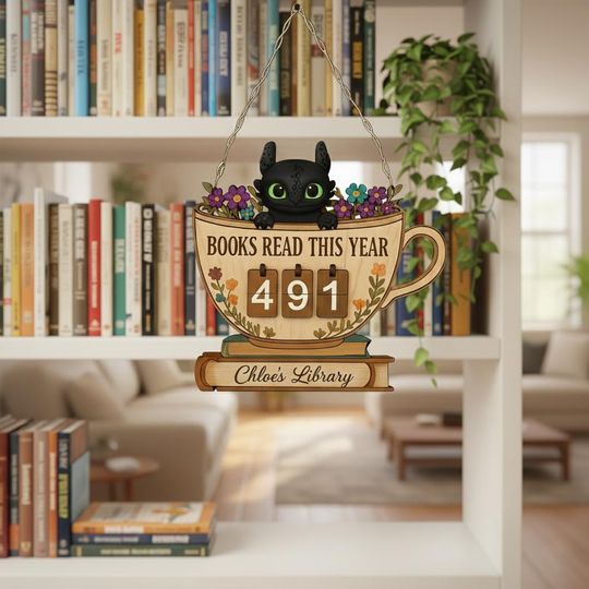 Personalized Toothless Books Read Counter, Custom Black Dragon Book Tracker Sign, Floral Dragon Mug Bookshelf Decor, Wizard Bookish Gift