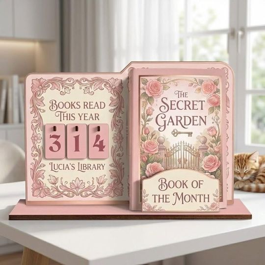 Discover Vintage Floral Book Stand Reading Counter, Botanical Wooden Book Display Custom Library Decor, Personalized Book of the Month Tracker