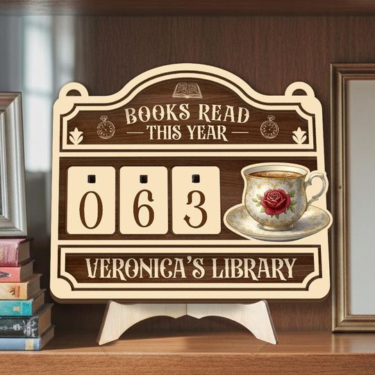 Personalized Cat Book Tracker - Books Read This Year Counter, Vintage Book Read Tracker, Gift for Readers, Book Lovers Gift, Bookshelf Decor