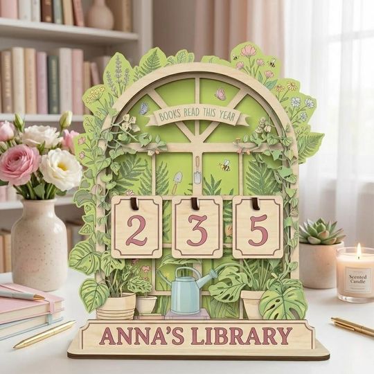 Discover Vintage Floral Book Stand With Reading Counter,Wooden Book of the Month Display Custom Library Decor,Personalized Botanical Book Tracker