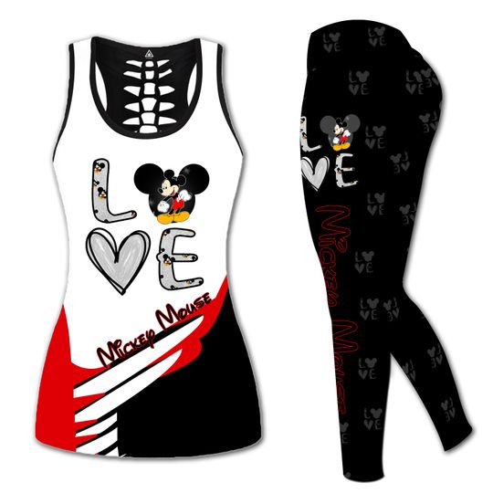 New Mickey Mouse Women's Hollow Vest + Womens Leggings Yoga Suit Fitness Leggings Sports Suit Disney Tank Top Legging Set Outfit