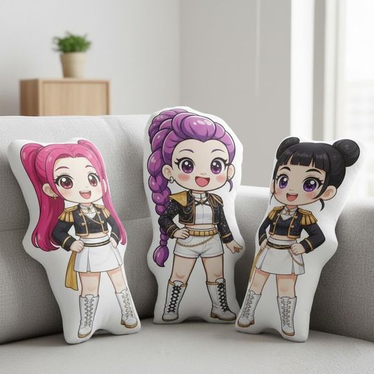 GOLDEN Huntrix Pillow, Rumi Mira Zoey Warrior Plush, Huntrix Chibi Cushio, Kpop Demon Hunters Plush Toy Gift For Kid, Huntrix Xmas Gift