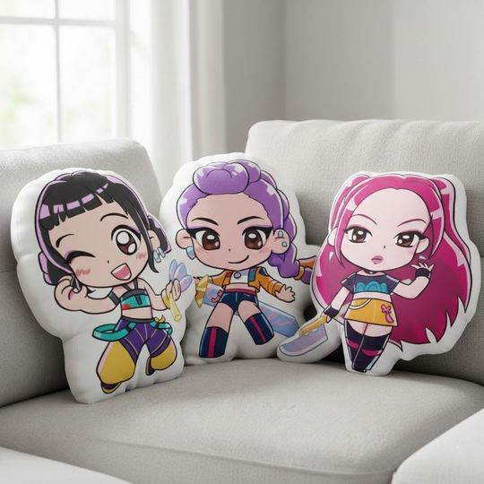Huntrix Chibi Pillow, Rumi Mira Zoey Warrior Plush, K-pop Demon Hunters Cushion, Personalized Kids Room Decor, Holiday or Birthday Gift
