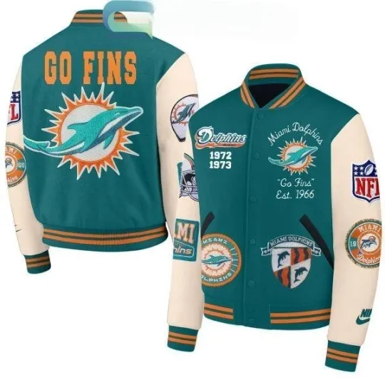 Discover Dolphins Go Fins Baseball Jacket Est 1966