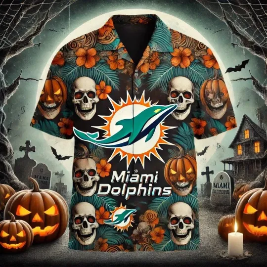 Discover Vintage Miami Dolphins Halloween Hawaiian Shirt   Retro Haunted Spooky_7nj_17
