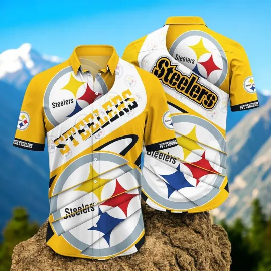 Discover White Yellow football Pittsburgh Steeler Logo Steeler Hawaiian Shirt