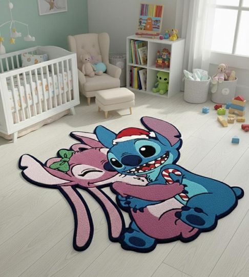 Custom Tufted Kids Room Nursery Rug with Angel Christmas Decor featuring Lilo and Stitch