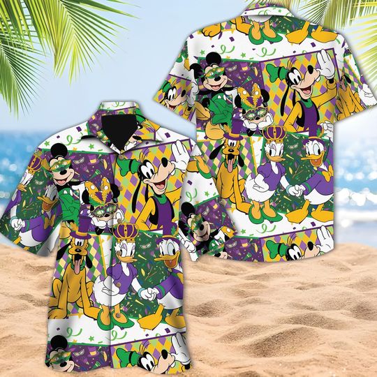 Discover Disney Mickey Friends Mardi Gras Hawaiian Shirt, Minnie Mouse Goofy Daisy Donald Pluto Hawaii Shirt, Mardigras Vacation Matching Hawaiian