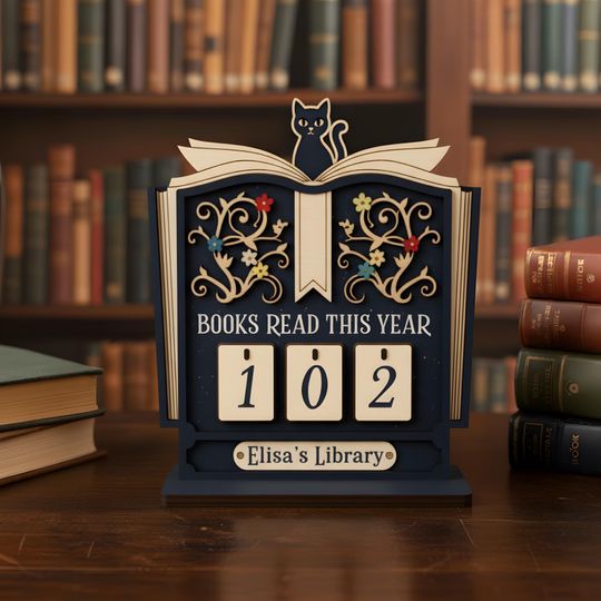 Discover Personalized Book Tracker, Black Cat Shelf Decor, Books Read This Year Counter, Custom Library Sign, Reading Lover Gift