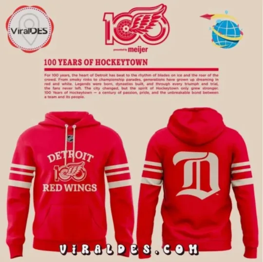 Discover Detroit RW 100 Years Of Hockeytown 3D Hoodie 2025 Gift For Christmas