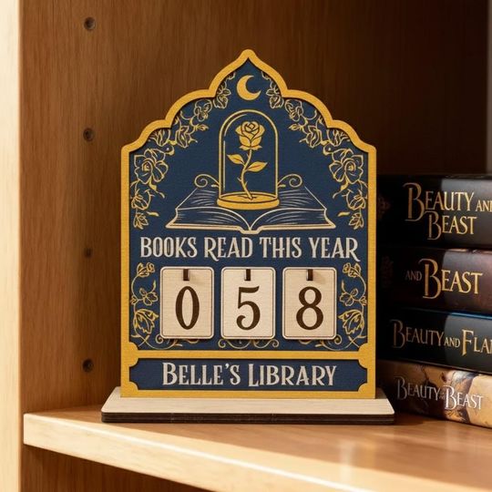 Discover Books Read This Year Tracker Sign, Belle Library Book Counter, Wooden Reading Tracker, Beauty and Beast Bookish Shelf Decor
