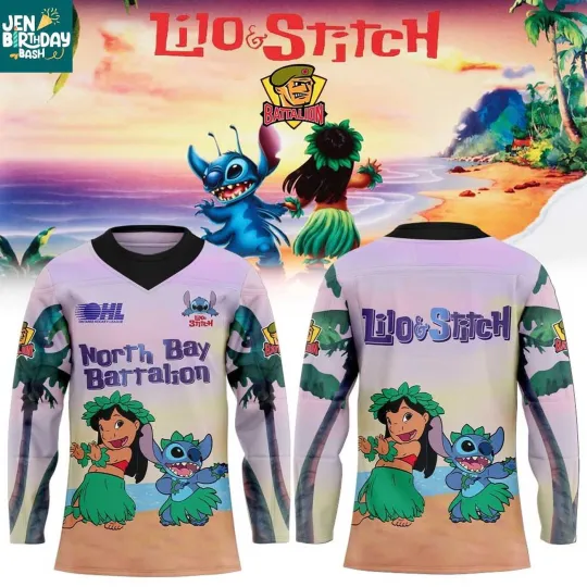 Discover Custom North Bay Battalion Lilo Stitch 2025 North Perfect Hockey Shirt Men's