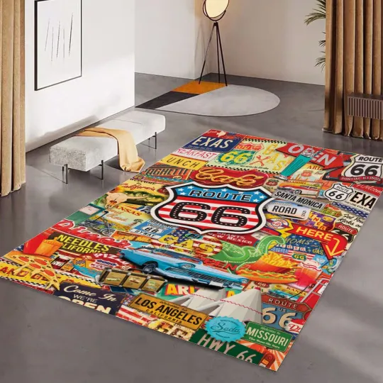Discover US Route 66 Highway Print Rectangular Floor Mat Rug Anti-Skid Carpet
