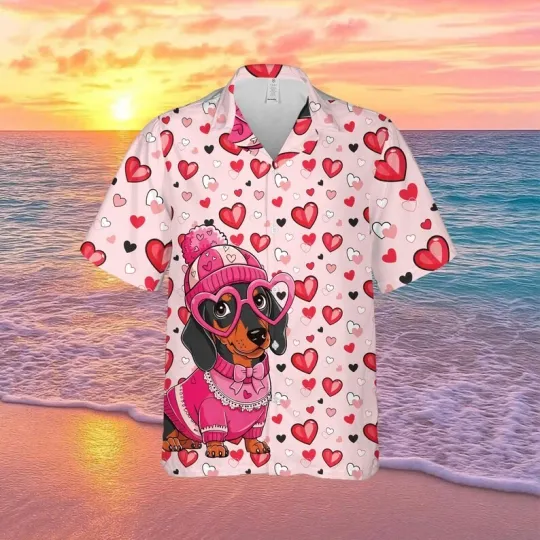 Discover Valentine Dachshund Dog Hawaiian Shirt, Cute Puppy Shirt, Heart Pattern Shirt