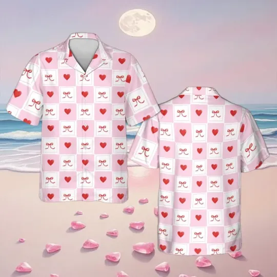 Discover Pink Heart Bow Hawaiian Shirt, Valentine Gift Pattern Aloha Shirt, Cute Love Gri