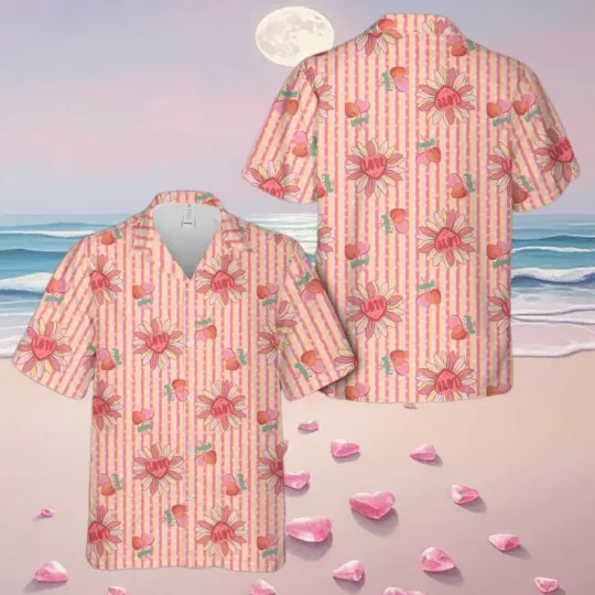 Discover Striped Daisy Valentine Hawaiian Shirt, Pink Heart Floral Aloha Shirt, Cute Roma