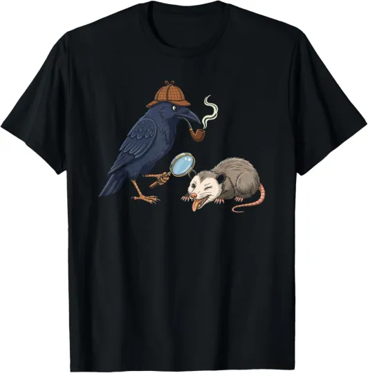 Discover Crow Detective and Wink Opossum Playing Dead Wildlife Humor T-Shirt