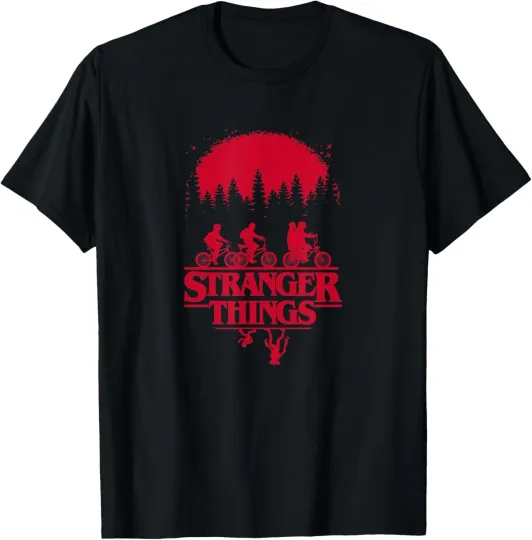 Stranger Things Group Shot T-Shirt with Bike Ride and Upside Down Silhouette
