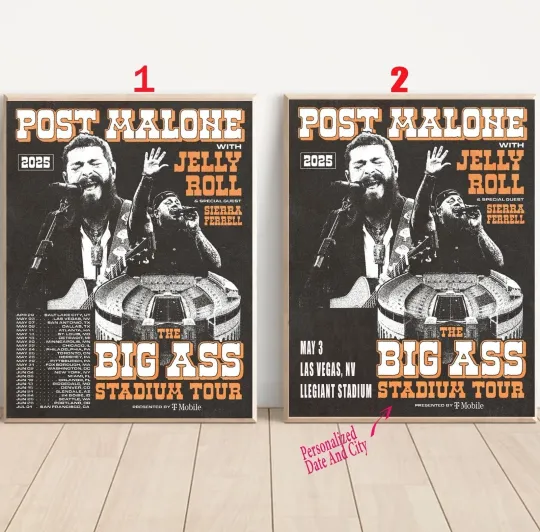 Custom Post Malone and Jelly Roll US 2025 Tour Poster, Music Rap Wall Art Decor.