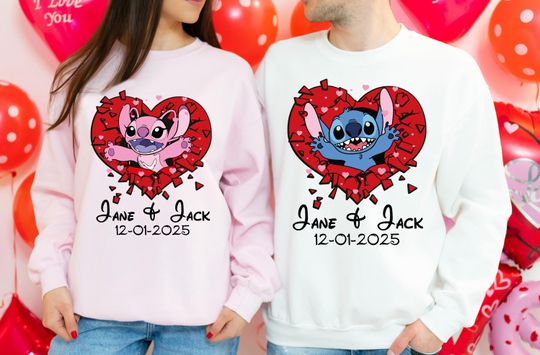 Discover Disney Stitch & Angel Valentine's Day Shirt, Couple His And Hers T-Shirt, Disneyland Honeymoon Vacation 2026 Sweatshirt