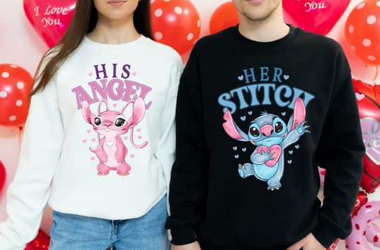 Discover Disney Stitch & Angel Valentine's Day Shirt, Couple His And Hers T-Shirt, Disneyland Honeymoon Vacation 2026 Sweatshirt