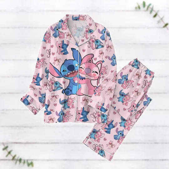 Stitch And Angel Couple Coquette Bow  Happy Valentine's Day Pajamas Set