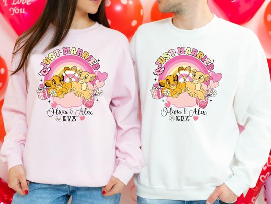 Discover Simba & Nala Wedding Shirt, Disney Custom Just Married Sweathirt, Disneyland Honeymoon Matching Hoodie, Bride Groom Couple Tee