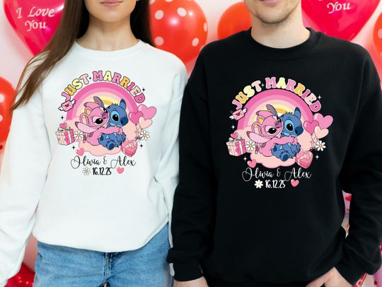 Discover Stitch & Angel Wedding Shirt, Disney Custom Just Married Sweathirt, Disneyland Honeymoon Matching Hoodie, Bride Groom Couple Tee